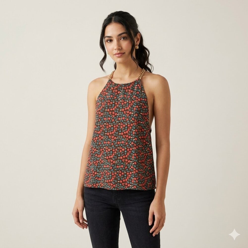 Elie Tahari Gold Chain Strap Halter Top - Brown Ditsy Floral - Size Small